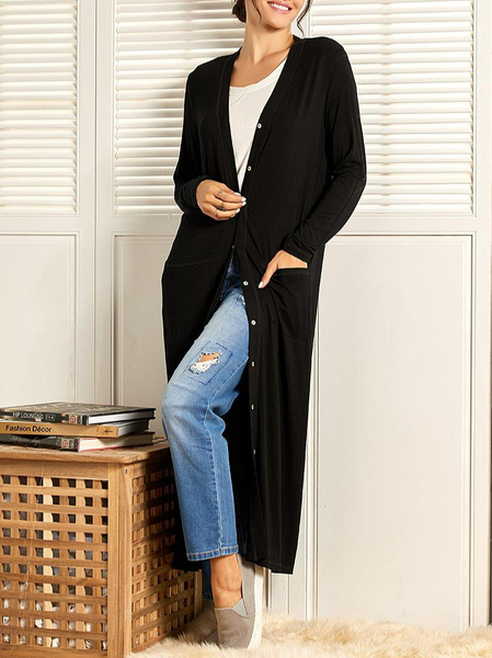 

Casual Plain Simple Black Long Cardigan, Cardigans