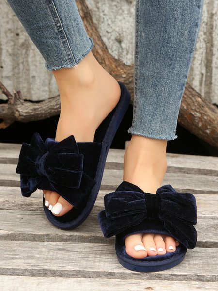 

Casual Bow Decor Plain Velvet Living Room Slippers, Deep blue, Sandals & Slippers