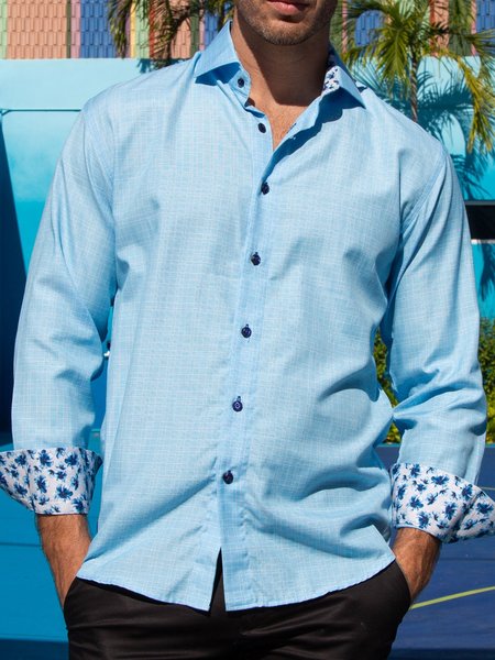 

Floral Split Joint Long Sleeve Shirt, Blue, Long Sleeve Shirts
