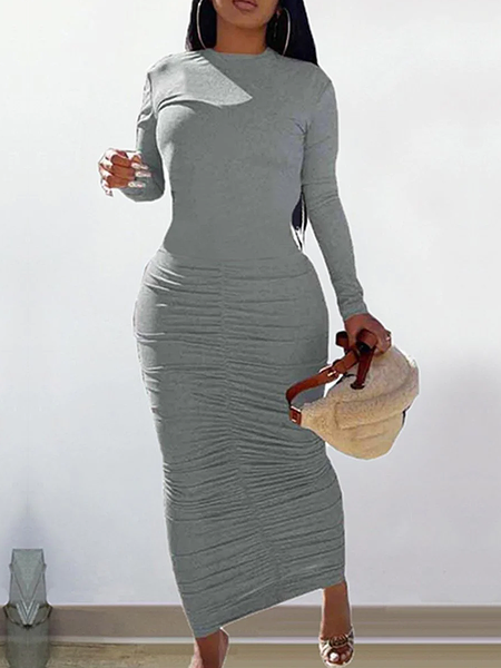 

High Elasticity Plain Crew Neck Long sleeve Urban Long Dress, Gray, Midi Dresses