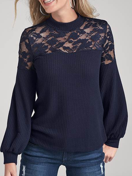 

Waffle Mock-Neck Lace Top, Purplish blue, Tops