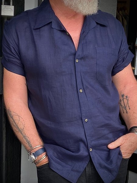 

Cotton And Linen Chest Pocket Short Sleeve Aloha Shirt, Blue, Men Shirts
