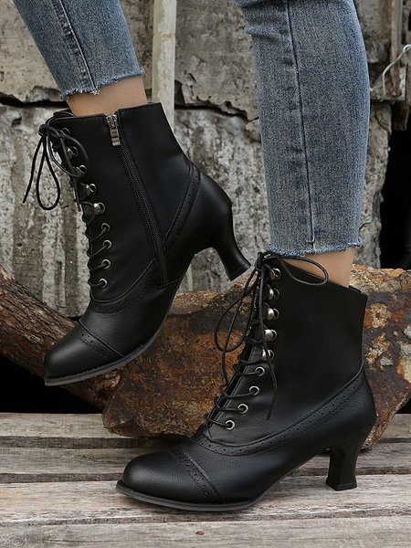 

Plus Size Lace-Up Decor Side Zip Spool Heel Boots, Black, Boots