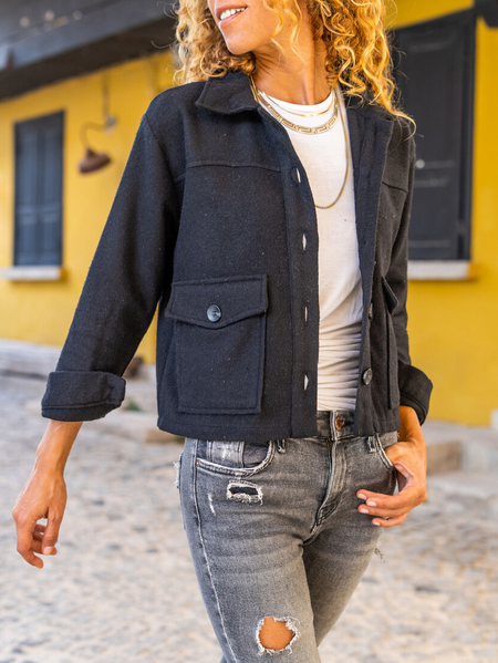 

Woolen Casual Shawl Collar Jacket, Black, Jackets