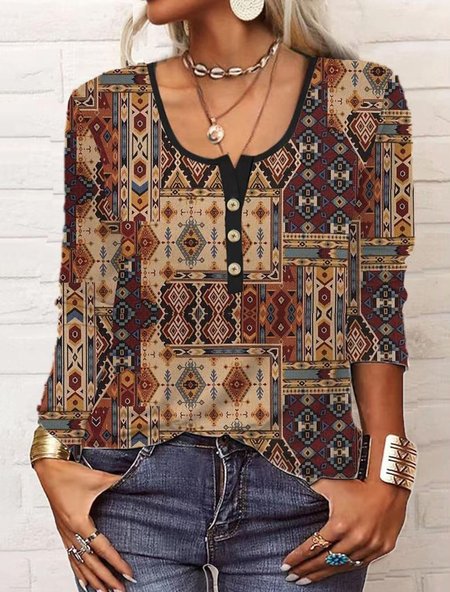 

Folk Floral Round Neck Button Loose T-Shirt, Khaki, T-Shirts