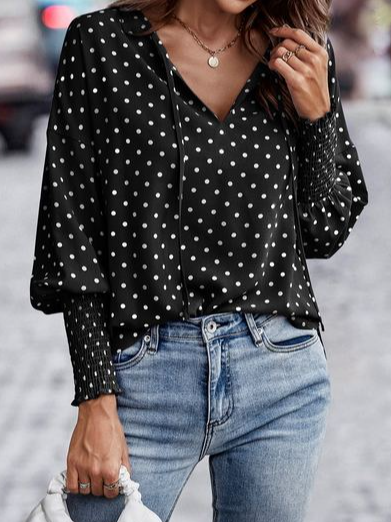 

Urban Loose V Neck Polka Dots Top, Black, Tops