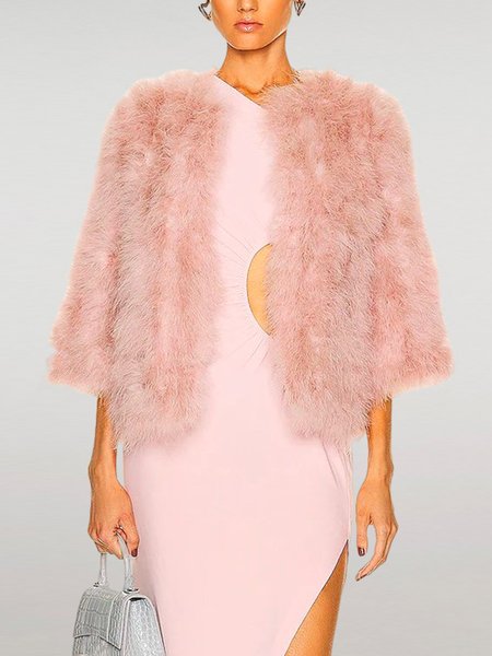 

Loose Elegant Plain Crew Neck Teddy Jacket, Pink, Others