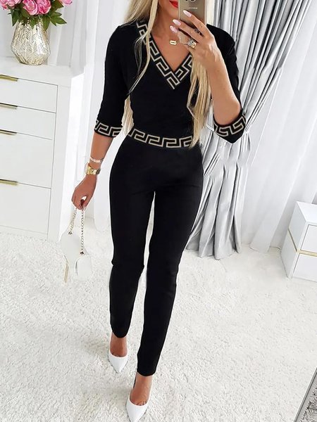

Wool/Knitting Casual Plain V Neck Two-Piece Set, Black, Suit Set