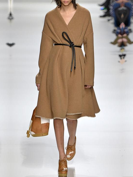 

Loose Plain Urban V neck Long sleeve Mid-long Overcoat, Brown, Coats