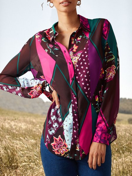 

FloralCasual Color Block Loose Blouse, Multicolor, Blouses & Shirts