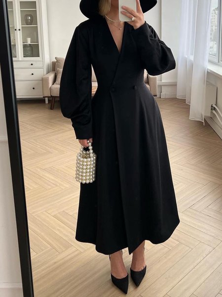 

Elegant Plain V Neck Regular Fit Overcoat, Black, Coats