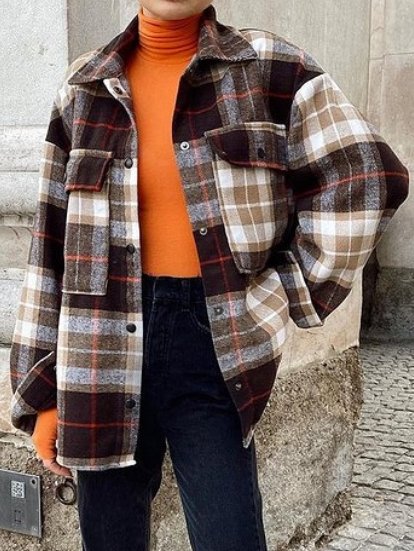 

Casual Woolen Oversize Plaid Coat, Brown, Coats