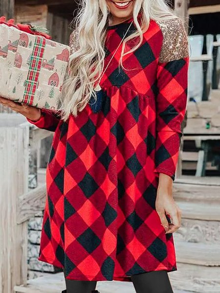 

Christmas Plaid Sequin Crew Neck Loose Dress, Red, Dresses