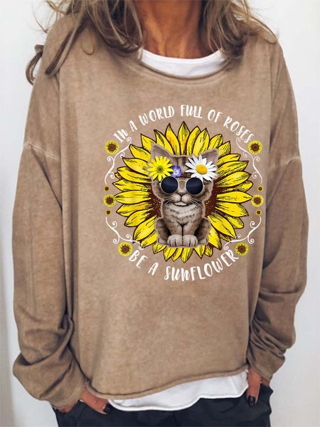 

Women’s In A World Full Of Roses Be A Sunflower Animal Loose Crew Neck Casual Sweatshirt, Khaki, Hoodies&Sweatshirts