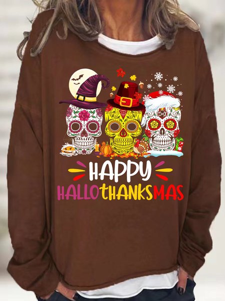 

Womens Holiday Sugar Skull Hallothankmas Letters Print Sweatshirt, Coffee, Hoodies&Sweatshirts