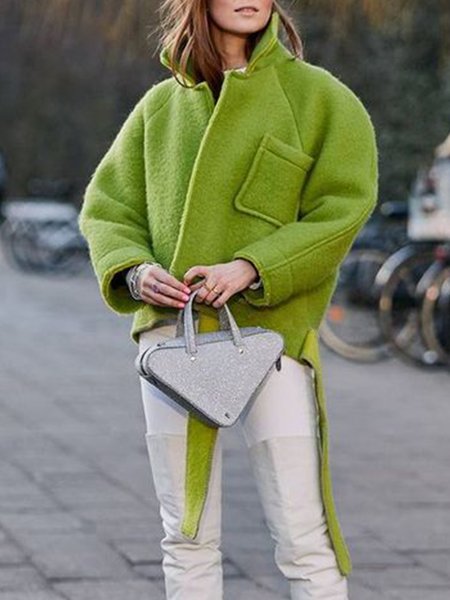 

Plain Loose Stand Collar Simple Long sleeve Overcoat, Green, Coats