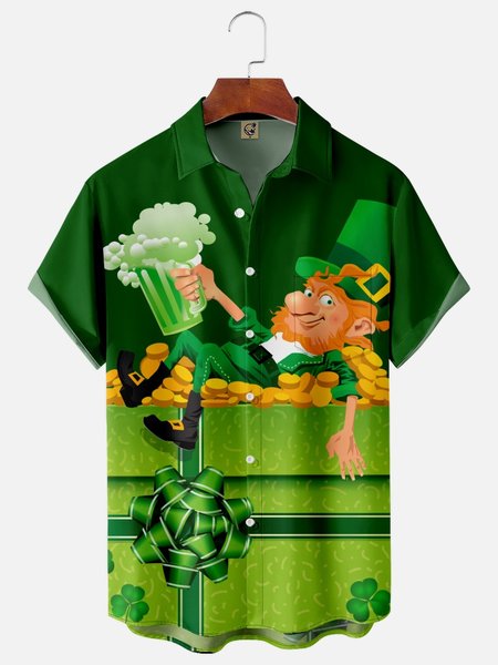 

St. Patrick's Day Chest Pocket Short Sleeve Shirt, Green, Men Shirts