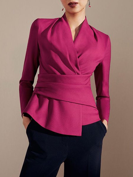 

Plain Long sleeve Cross Neck Elegant Regular Fit Top, Rose, Linen Tops