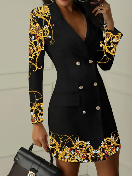 

V Neck Urban Floral Loose Dress, Black, Dresses