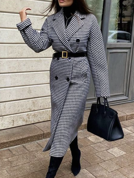 

Urban Lapel Collar Long sleeve Plaid Loose Mid-long Overcoat, As picture, Coats