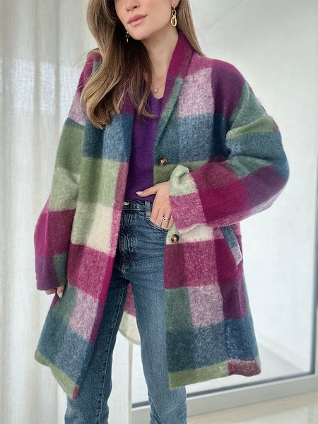 

Casual Plaid Color Block Loose Overcoat, Multicolor, Blazers