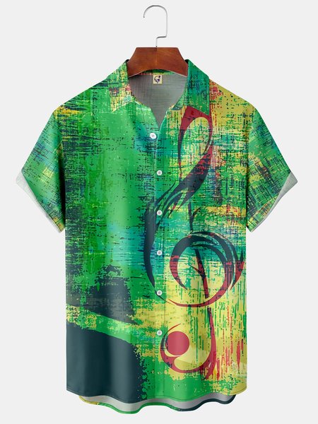 

Music Note Chest Pocket Short Sleeve Casual Shirt, Green, Men Shirts