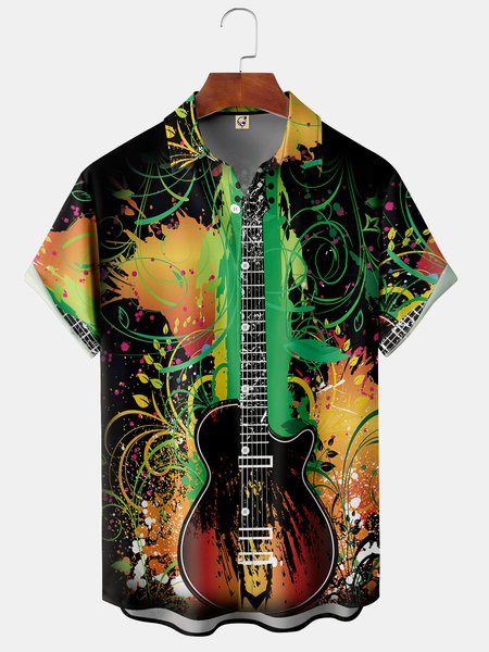 

Music Guitar Chest Pocket Short Sleeve Casual Shirt, Black, Men Shirts