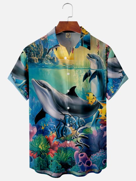 

Marine Life Chest Pocket Short Sleeve Hawaiian Shirt, Blue, Men Shirts