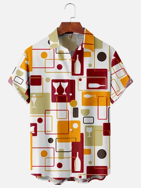 

Geometric Chest Pocket Short Sleeve Casual Shirt, Red, Men Shirts