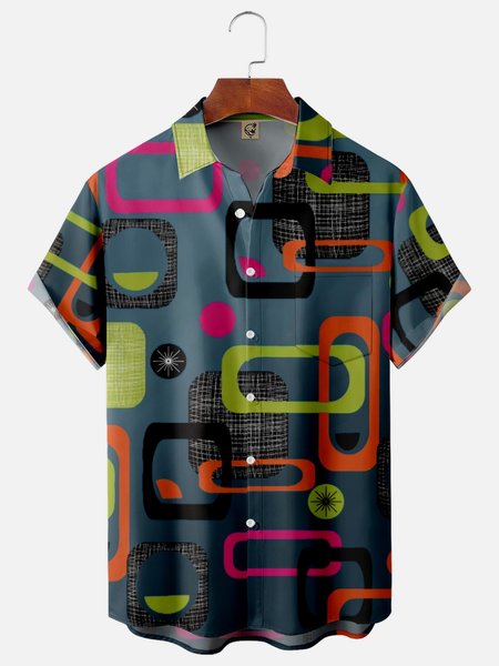 

Geometric Chest Pocket Short Sleeve Casual Shirt, Blue, Men Shirts