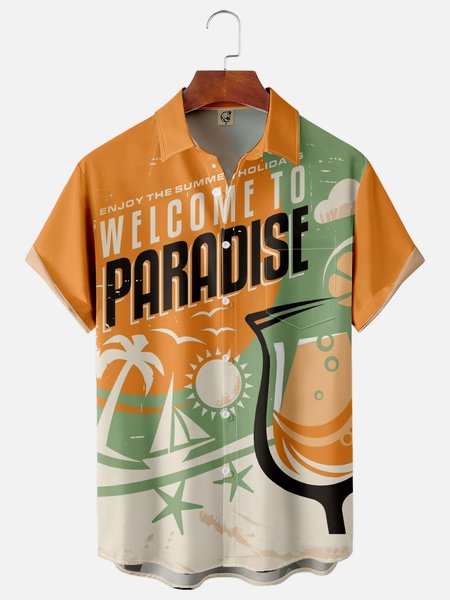 

Coconut Tree Chest Pocket Short Sleeve Hawaiian Shirt, Orange, Men Shirts