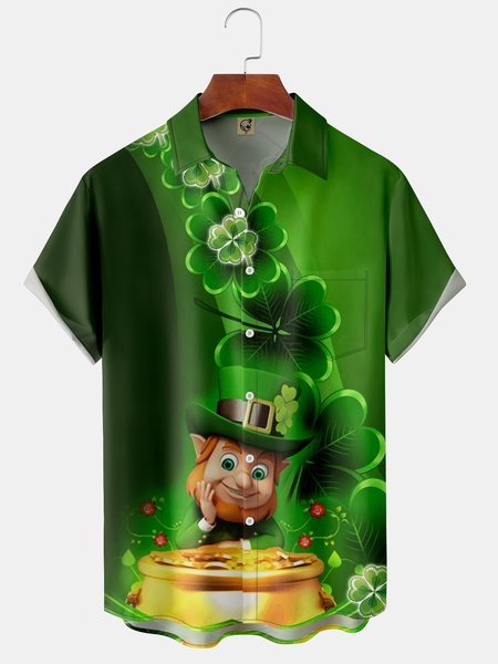 

St. Patrick's Day Chest Pocket Short Sleeve Shirt, Green, Men Shirts