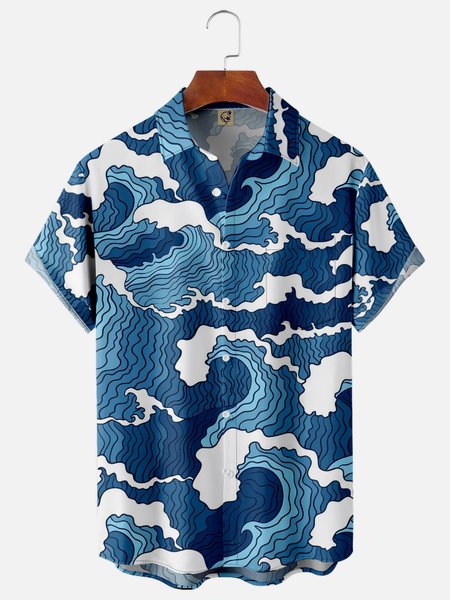 

Japanese Ukiyoe Wave Chest Pocket Short Sleeve Hawaiian Shirt, Blue, Men Shirts