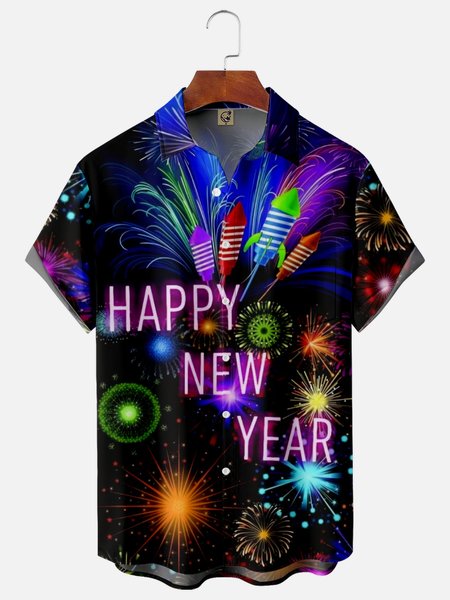 

New Year Chest Pocket Short Sleeve Casual Shirt, Black, Short Sleeve Shirts