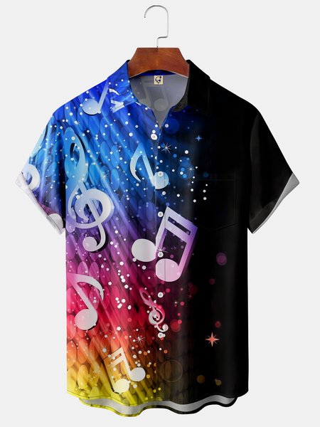 

Music Contrast Chest Pocket Short Sleeve Shirt, Blue, Men Shirts