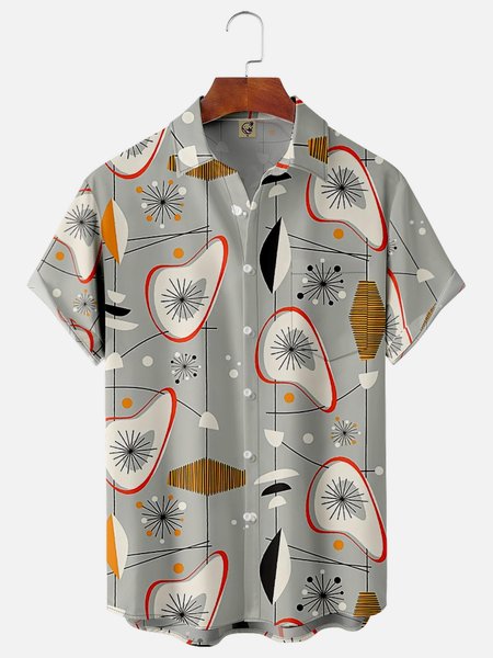 

Geometric Chest Pocket Short Sleeve Casual Shirt, Gray, Men Shirts
