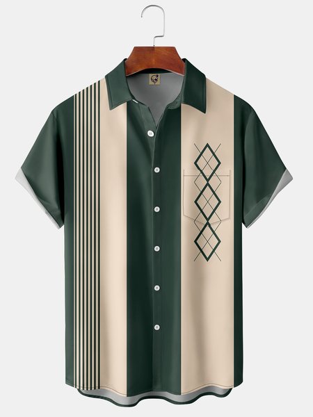 

Geometric Color Block Chest Pocket Short Sleeve Bowling Shirt, Green, Men Shirts