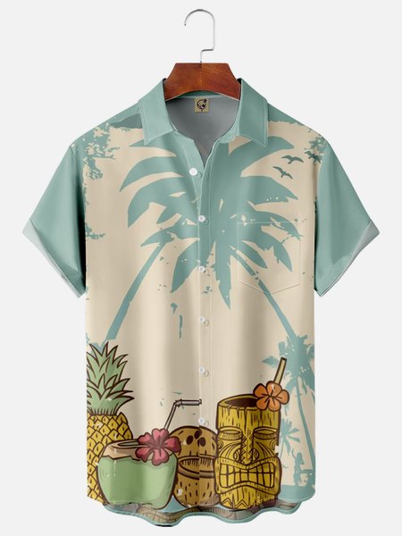 

Tiki Coconut Tree Chest Pocket Short Sleeve Hawaiian Shirt, Blue, Men Shirts