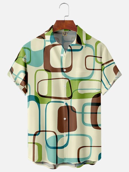 

Geometric Chest Pocket Short Sleeve Casual Shirt, Light khaki, Men Shirts