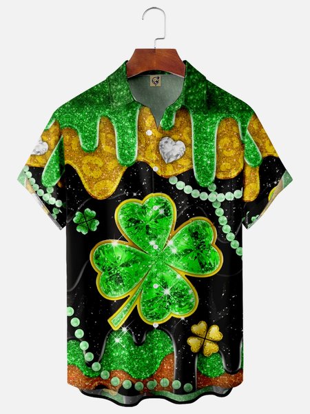 

St. Patrick's Day Chest Pocket Short Sleeve Shirt, Green, Men Shirts