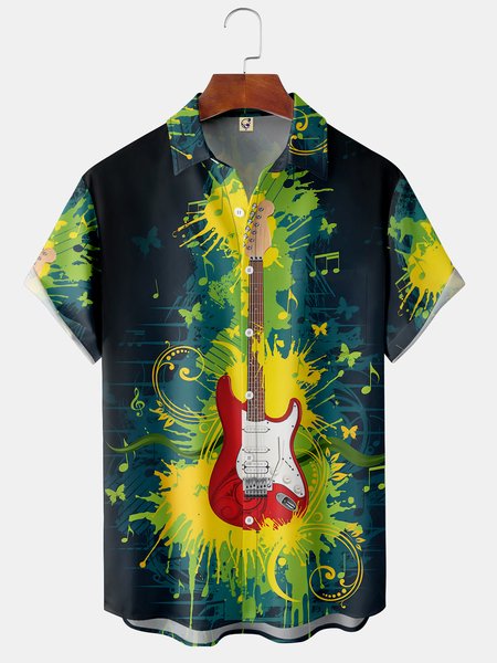 

Music Guitar Chest Pocket Short Sleeve Casual Shirt, Green, Men Shirts