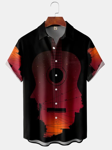 

Guitar Printing Chest Pocket Short Sleeve Casual Shirt, Black, Men Shirts