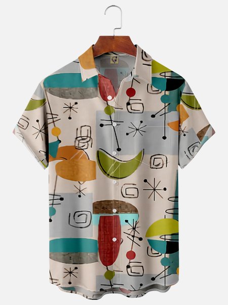 

Geometric Chest Pocket Short Sleeve Casual Shirt, Khaki, Men Shirts