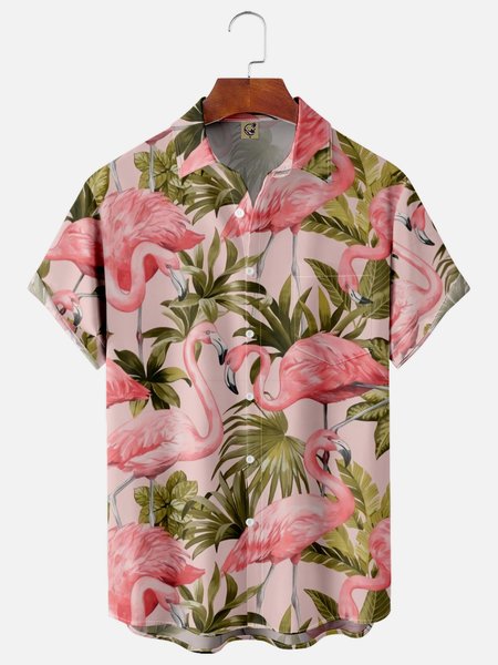 

Flamingo Chest Pocket Short Sleeve Hawaiian Shirt, Pink, Men Shirts