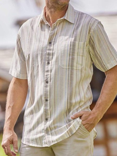 

Striped Chest Pocket Short Sleeve Shirt, Brown, Men Shirts