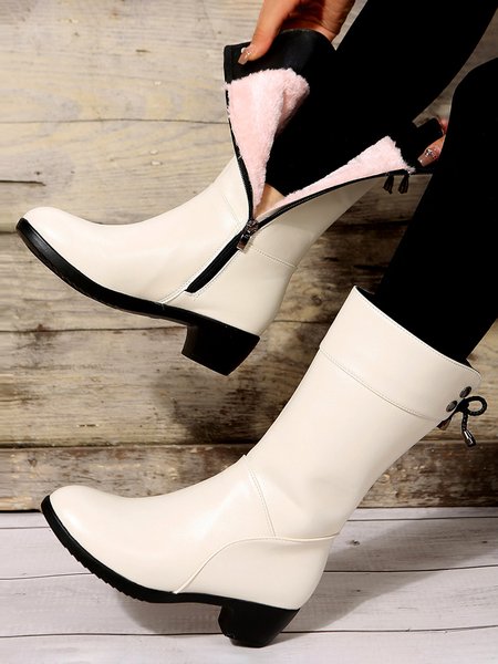 Plain Winter Side Zip Warm Lined Boots with Bow Decor, White, Boots