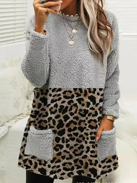 

Casual Loose Split Joint Leopard Dress, Gray, Dresses