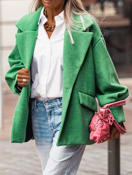 

Plain Loose Woolen Casual Overcoat, Green, Blazers