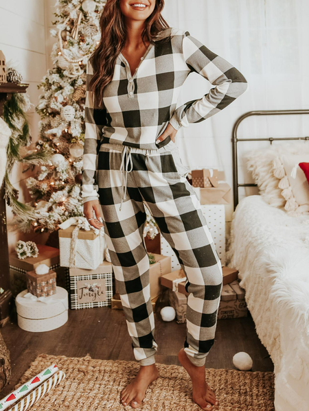 

Casual Plaid V Neck Loose Two-Piece Set, Black, Suit Set