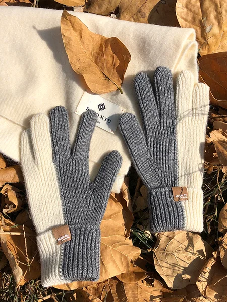 

Casual Contrast Color Patchwork Wool Midi Gloves Autumn Winter Warm Accessories, Gray, Women Gloves
